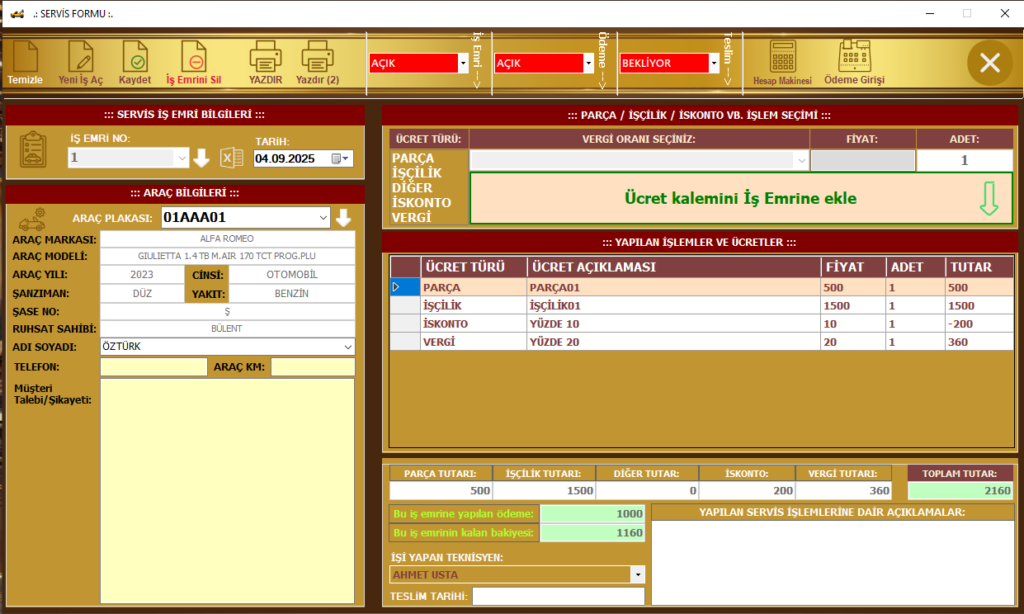 Oto servis iş emri formu, araç servis formu