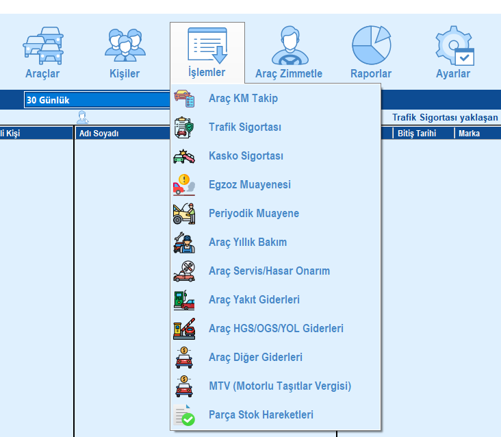 Araç filo takip işlemleri, trafik sigortası, kasko sigortası, egzoz muayenesi, periyodik muayene, fenni muayene, araç yıllık bakım, araç servis bakım, hasar onarım, araç yakıt giderleri, araç mtv takibi, araç hgs/ogs yol ve yakıt giderleri, parça stok hareketleri