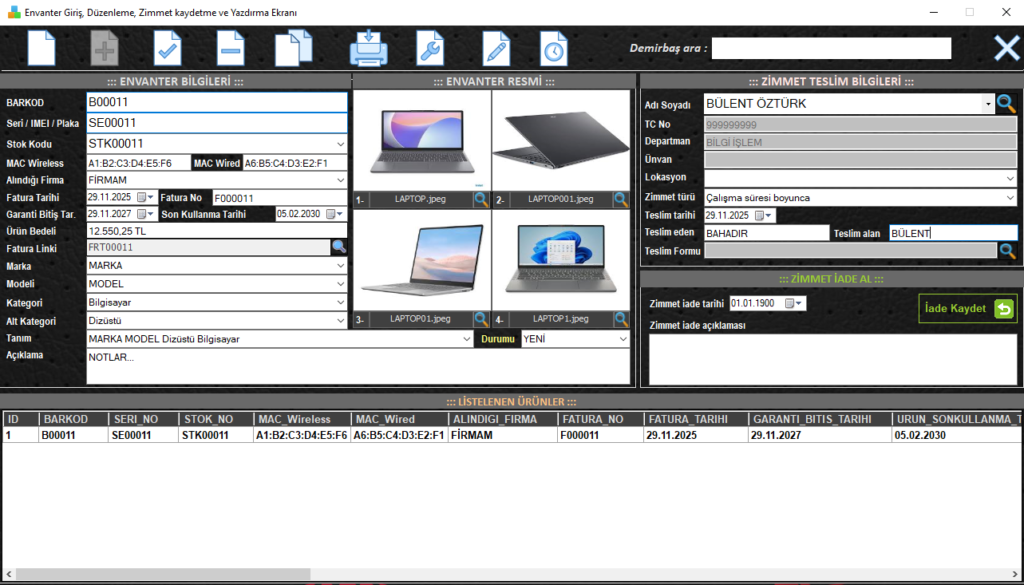 Resimli envanter tanımlama ve zimmetleme ekranı